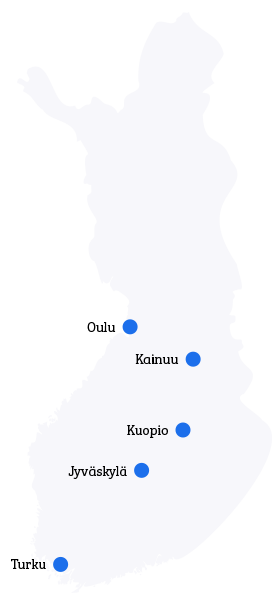 Finnish map marked with HYTKI partner areas Oulu, Kainuu, Kuopio, Jyväskylä, and Turku